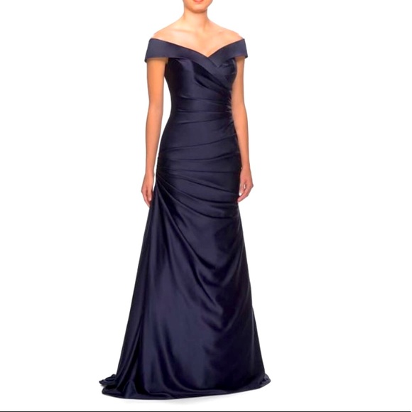 La Femme ruched satin trumpet gown - Picture 3 of 13
